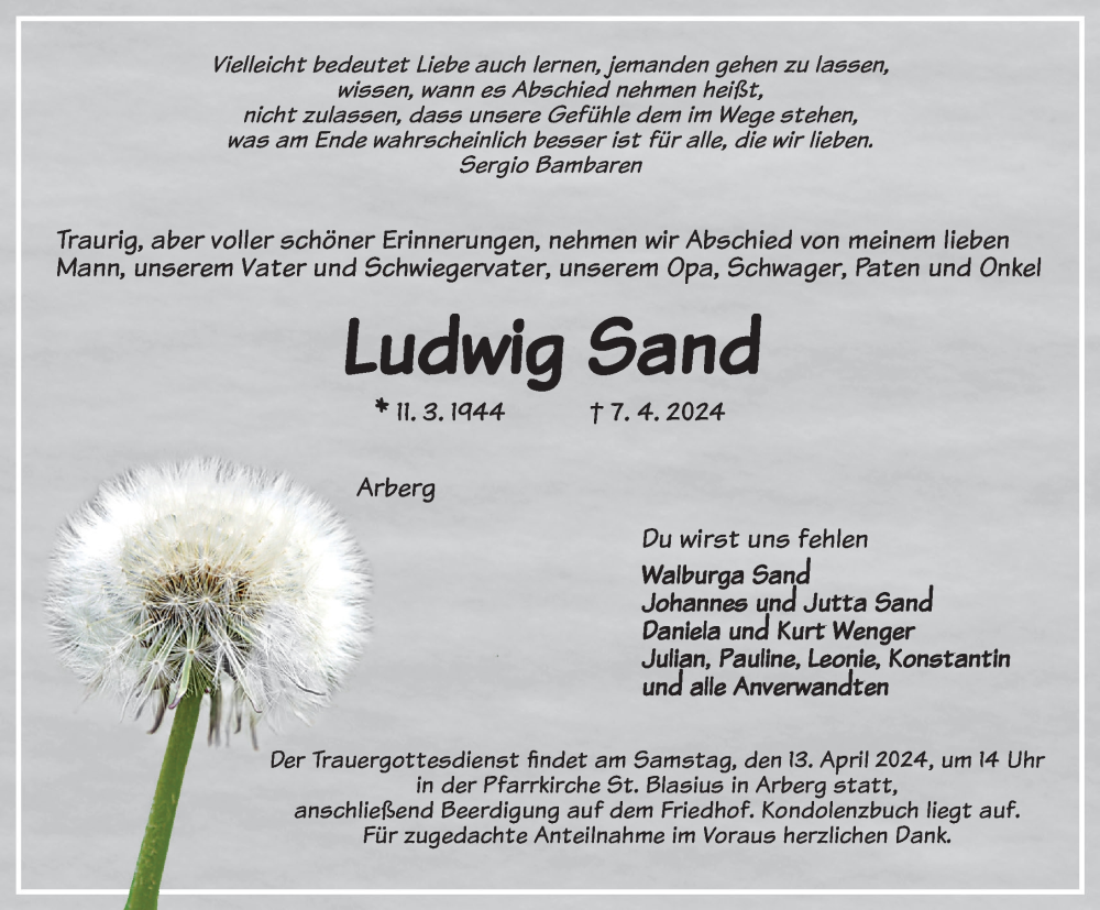  Traueranzeige für Ludwig Sand vom 11.04.2024 aus Ansbach