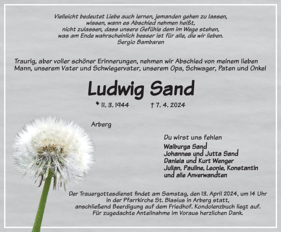 Traueranzeige von Ludwig Sand von Ansbach
