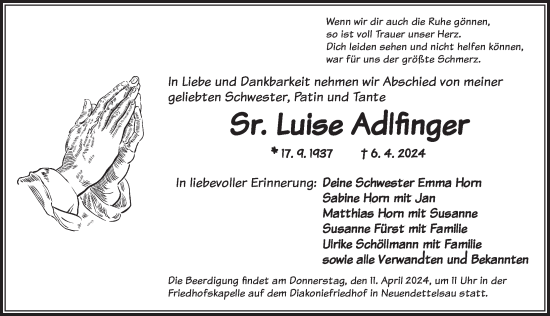 Traueranzeige von Luise Adlfinger von Ansbach