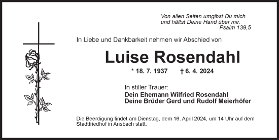 Traueranzeige von Luise Rosendahl von Ansbach