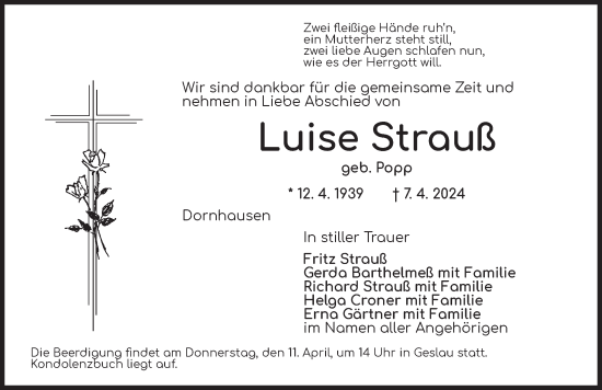 Traueranzeige von Luise Strauß von Ansbach