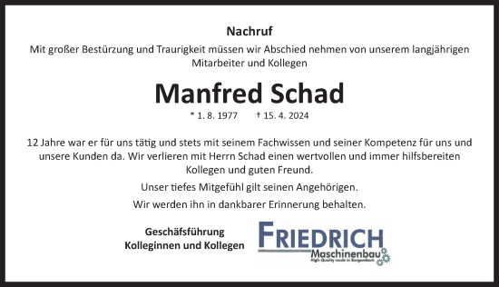 Traueranzeige von Manfred Schad von Neustadt/ Scheinfeld/ Uffenheim