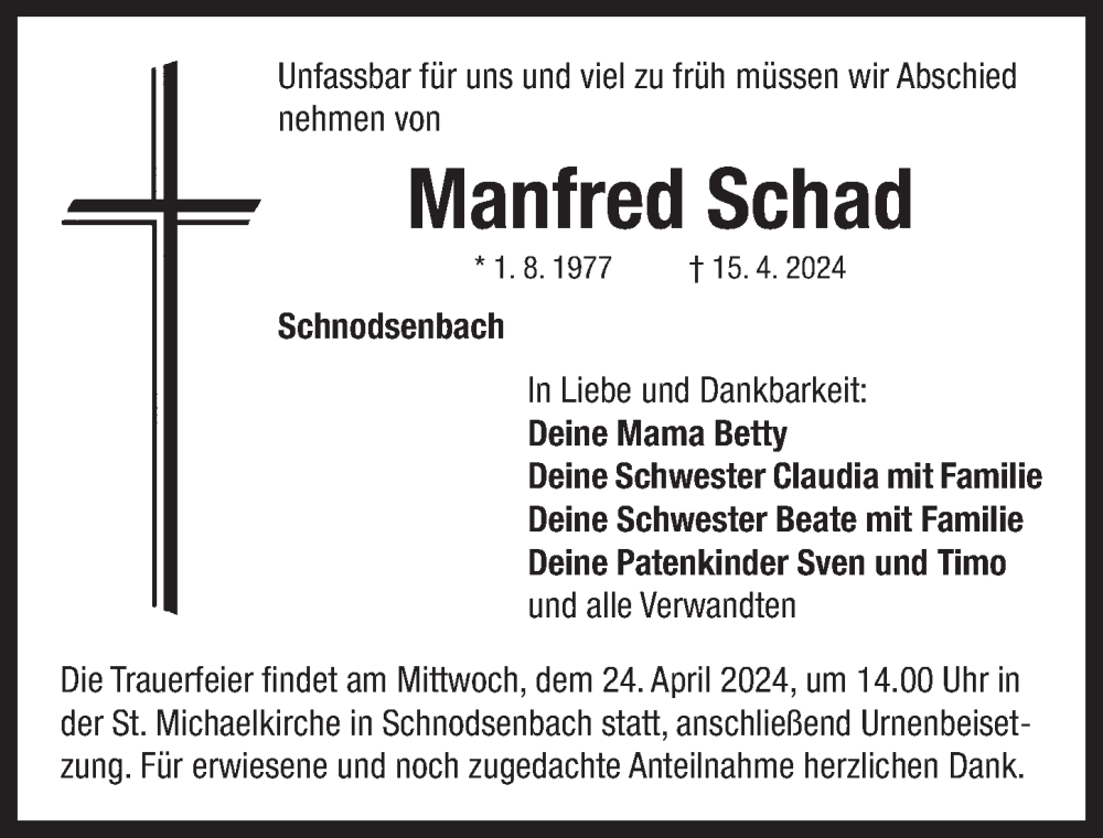  Traueranzeige für Manfred Schad vom 20.04.2024 aus Neustadt/ Scheinfeld/ Uffenheim