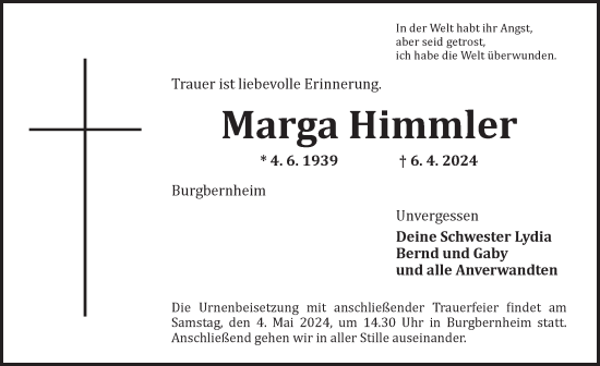 Traueranzeige von Marga Himmler von Neustadt/ Scheinfeld/ Uffenheim