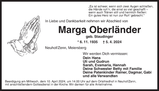Traueranzeige von Marga Oberländer von Neustadt/ Scheinfeld/ Uffenheim