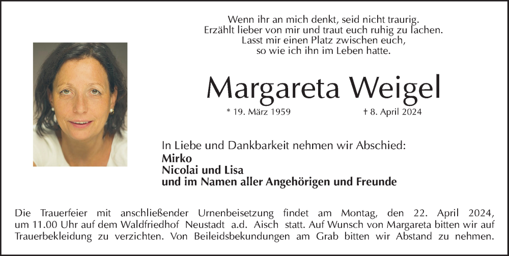 Traueranzeige für Margareta Weigel vom 20.04.2024 aus Neustadt/ Scheinfeld/ Uffenheim