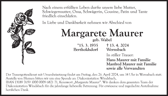 Traueranzeige von Margarete Maurer von Ansbach