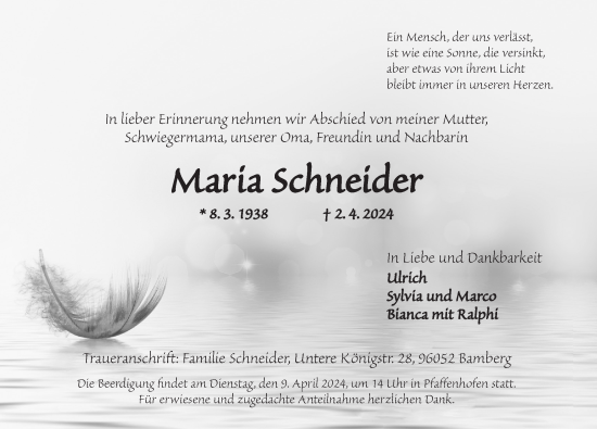 Traueranzeige von Maria Schneider von Neustadt/ Scheinfeld/ Uffenheim