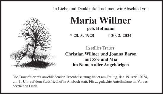 Traueranzeige von Maria Willner von Ansbach