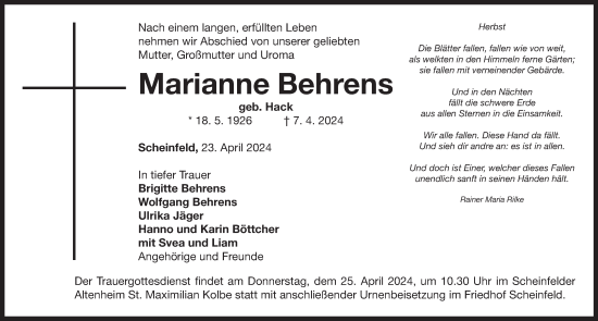 Traueranzeige von Marianne Behrens von Neustadt/ Scheinfeld/ Uffenheim