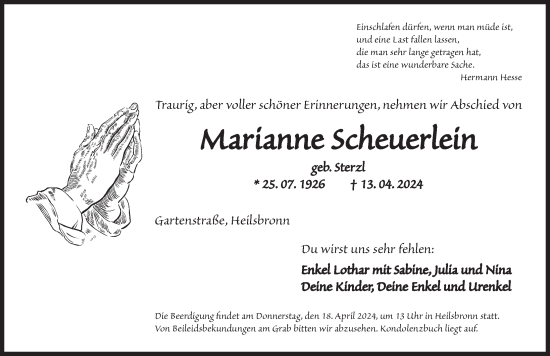 Traueranzeige von Marianne Scheuerlein von Ansbach