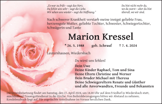 Traueranzeige von Marion Kressel von Ansbach