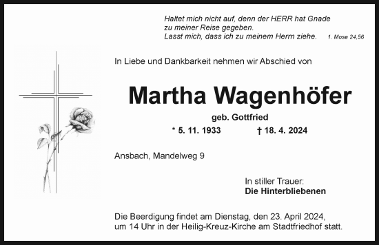 Traueranzeige von Martha Wagenhöfer von Ansbach