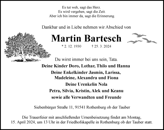 Traueranzeige von Martin Bartesch von Rothenburg