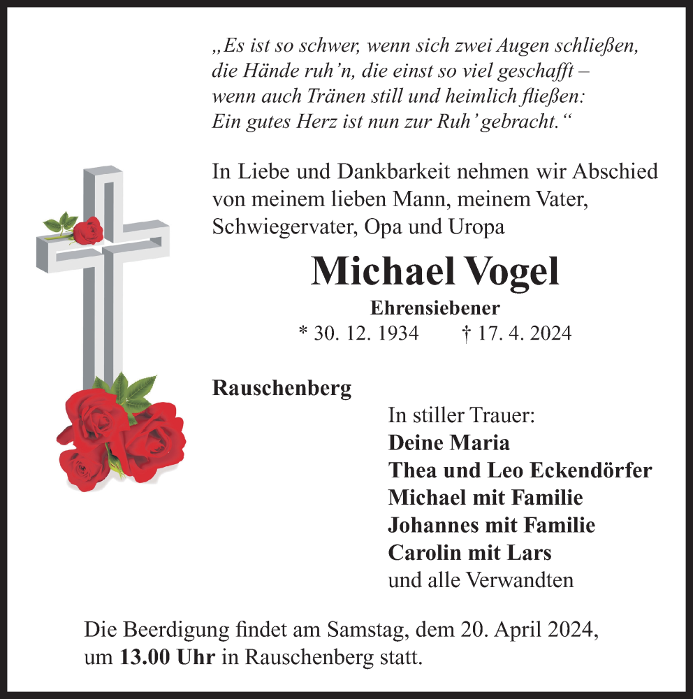  Traueranzeige für Michael Vogel vom 19.04.2024 aus Neustadt/ Scheinfeld/ Uffenheim