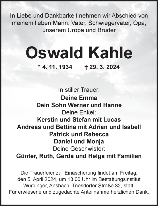 Traueranzeige von Oswald Kahle von Ansbach