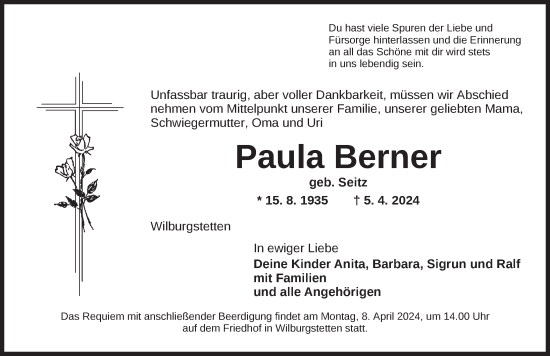 Traueranzeige von Paula Berner von Dinkelsbühl/ Feuchtwangen