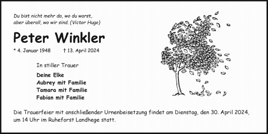 Traueranzeige von Peter Winkler von Dinkelsbühl/ Feuchtwangen