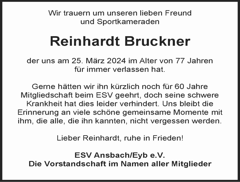  Traueranzeige für Reinhardt Bruckner vom 02.04.2024 aus Ansbach
