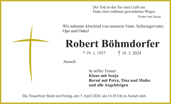 Traueranzeige von Robert Böhmdorfer von Ansbach