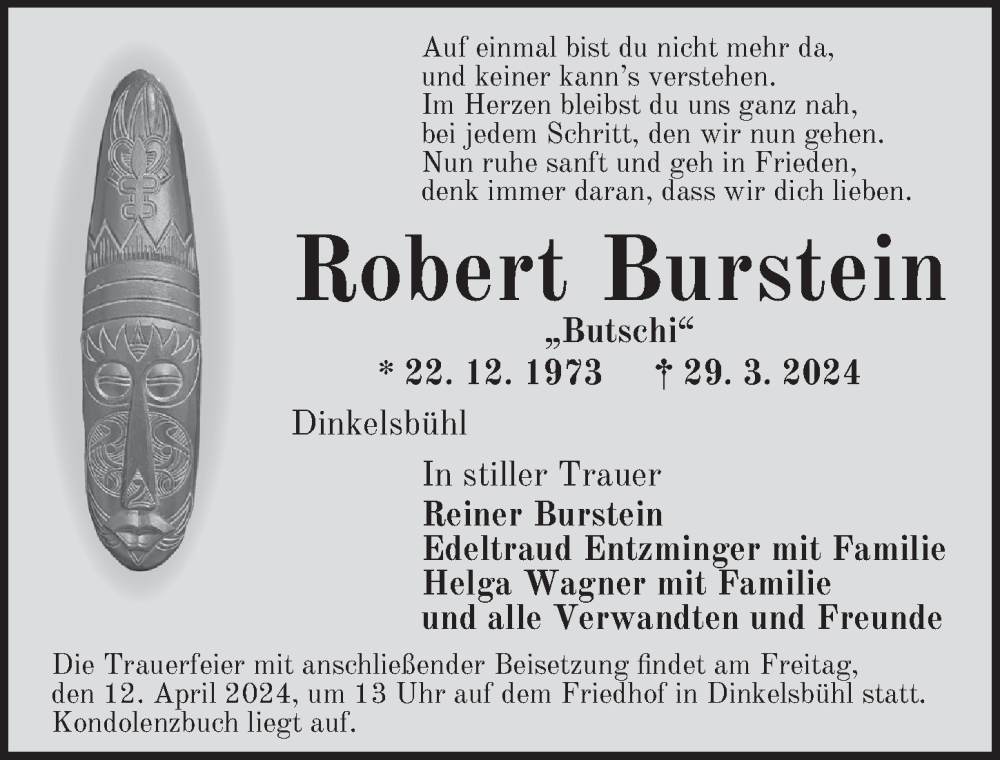  Traueranzeige für Robert Burstein vom 11.04.2024 aus Dinkelsbühl/ Feuchtwangen