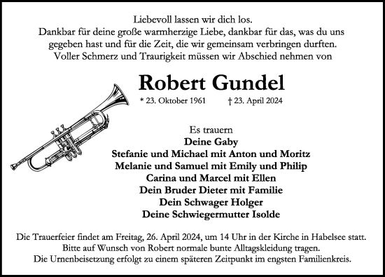 Traueranzeige von Robert Gundel von Rothenburg