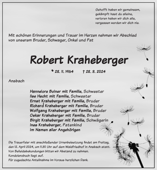 Traueranzeige von Robert Kraheberger von Ansbach