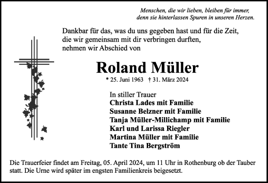 Traueranzeige von Roland Müller von Rothenburg