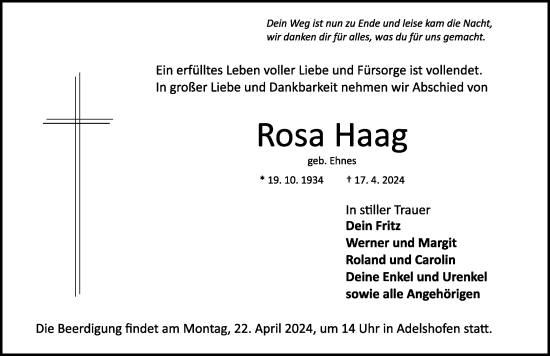 Traueranzeige von Rosa Haag von Rothenburg