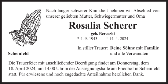 Traueranzeige von Rosalia Scherer von Neustadt/ Scheinfeld/ Uffenheim
