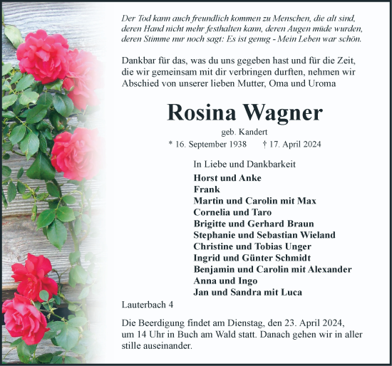 Traueranzeige von Rosina Wagner von Ansbach