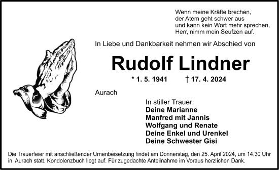 Traueranzeige von Rudolf Lindner von Ansbach