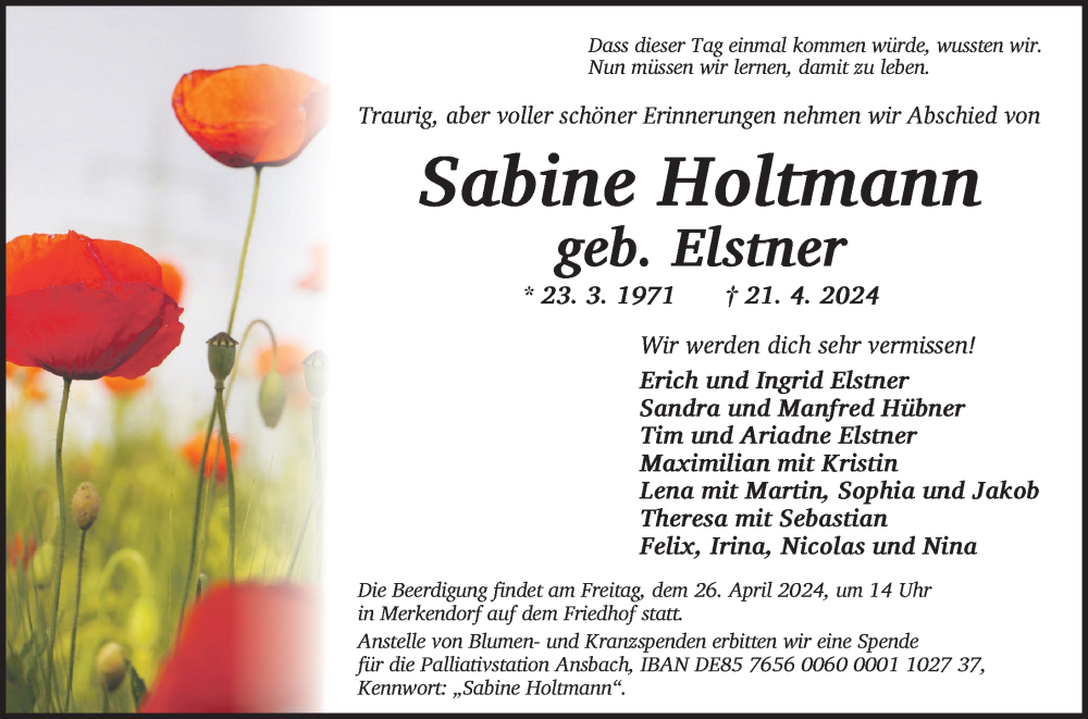  Traueranzeige für Sabine Holtmann vom 24.04.2024 aus Ansbach