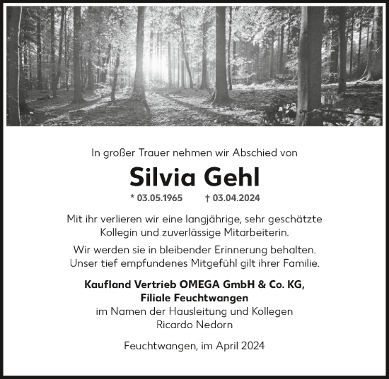 Traueranzeige von Silvia Gehl von Dinkelsbühl/ Feuchtwangen