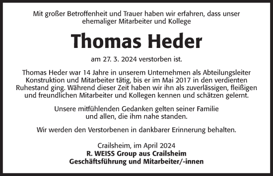 Traueranzeige von Thomas Heder von Dinkelsbühl/ Feuchtwangen