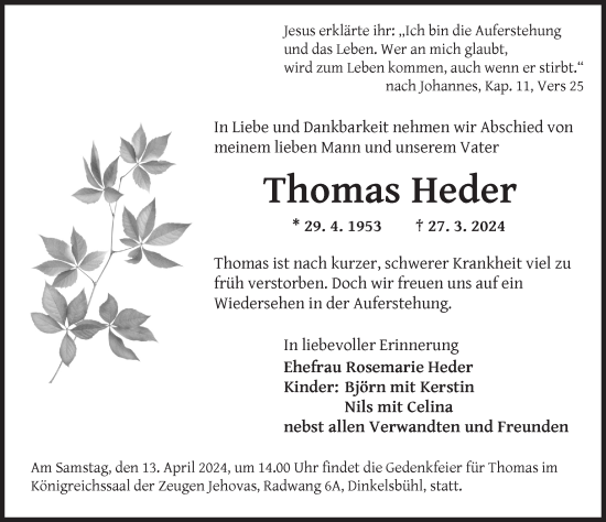 Traueranzeige von Thomas Heder von Dinkelsbühl/ Feuchtwangen