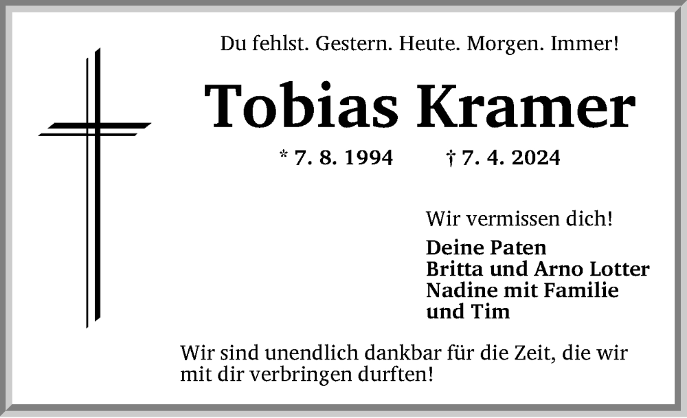  Traueranzeige für Tobias Kramer vom 10.04.2024 aus Ansbach