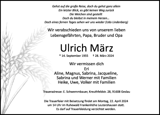 Traueranzeige von Ulrich März von Rothenburg