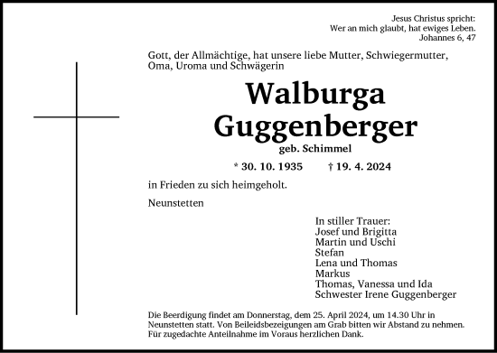Traueranzeige von Walburga Guggenberger von Ansbach