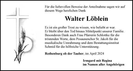 Traueranzeige von Walter Löblein von Rothenburg