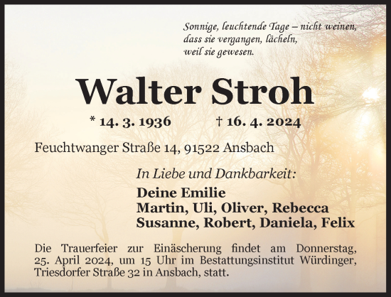 Traueranzeige von Walter Stroh von Ansbach