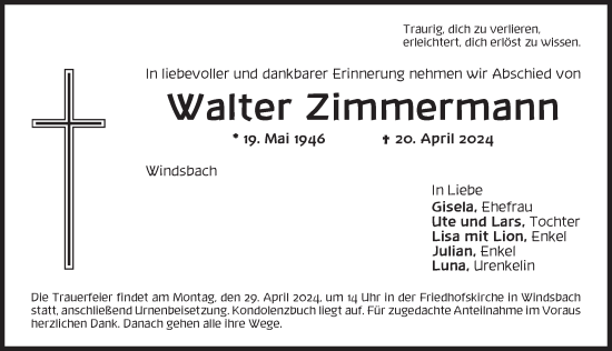 Traueranzeige von Walter Zimmermann von Ansbach