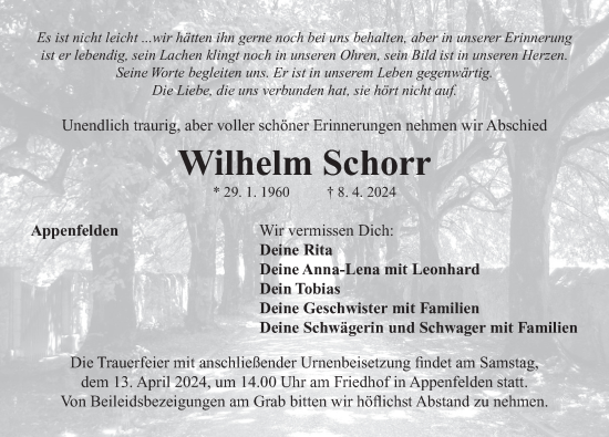 Traueranzeige von Wilhelm Schorr von Neustadt/ Scheinfeld/ Uffenheim