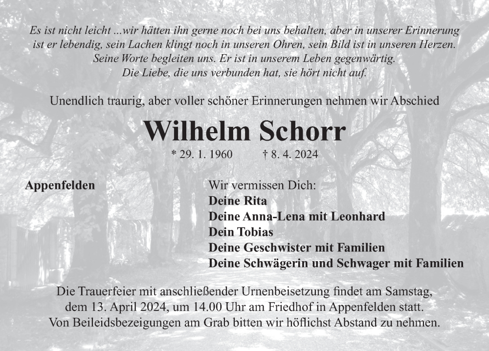  Traueranzeige für Wilhelm Schorr vom 11.04.2024 aus Neustadt/ Scheinfeld/ Uffenheim
