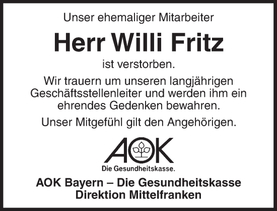 Traueranzeige von Willi Fritz von Neustadt/ Scheinfeld/ Uffenheim