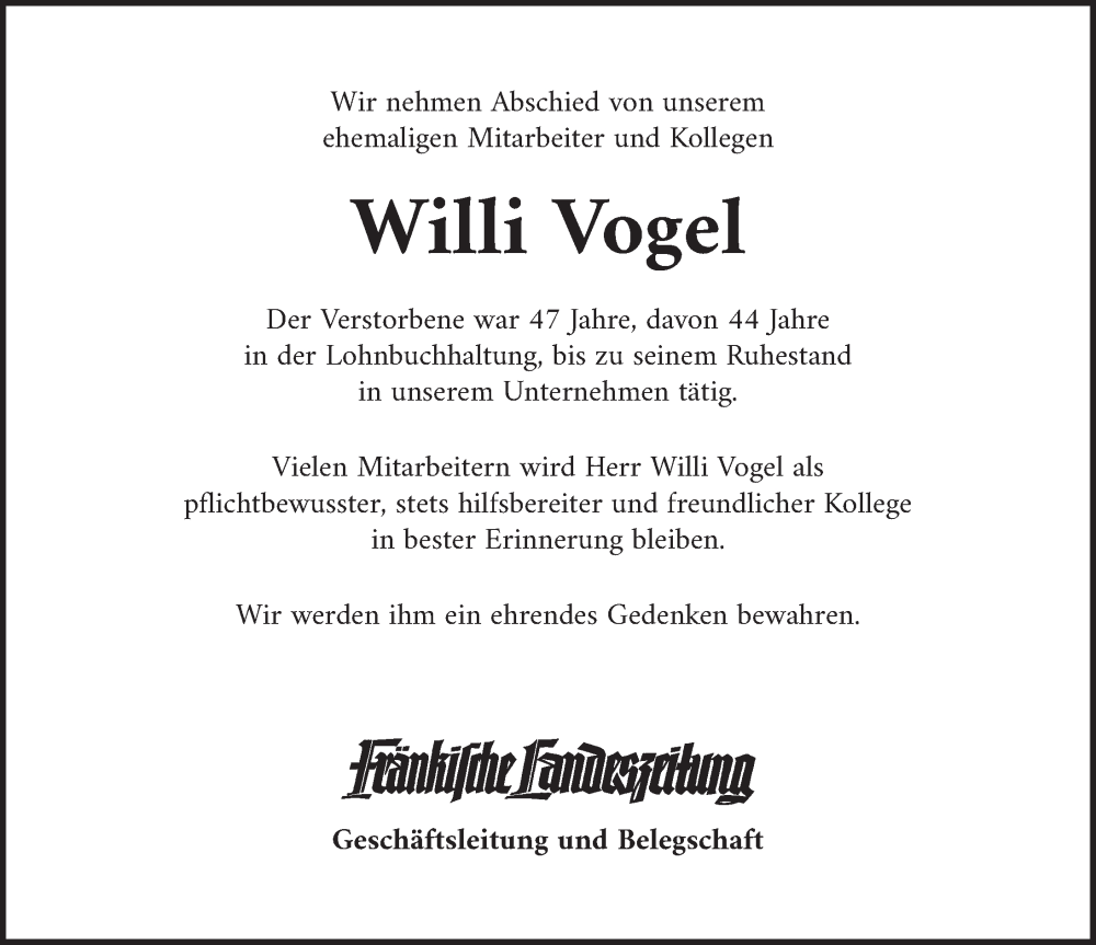  Traueranzeige für Willi Vogel vom 18.04.2024 aus Ansbach
