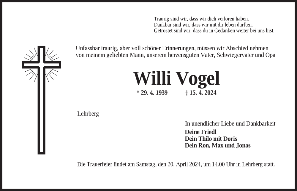  Traueranzeige für Willi Vogel vom 18.04.2024 aus Ansbach