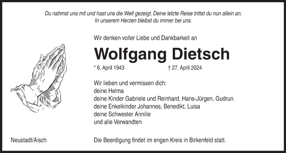  Traueranzeige für Wolfgang Dietsch vom 30.04.2024 aus Neustadt/ Scheinfeld/ Uffenheim