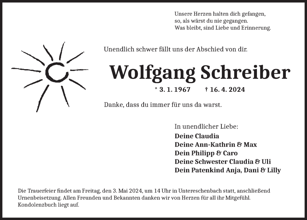  Traueranzeige für Wolfgang Schreiber vom 30.04.2024 aus Ansbach