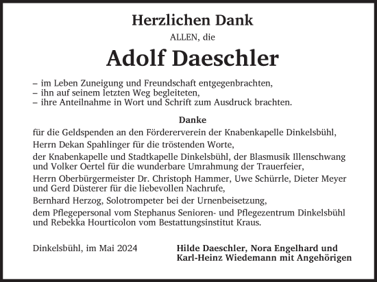 Traueranzeige von Adolf Daeschler von Dinkelsbühl/ Feuchtwangen